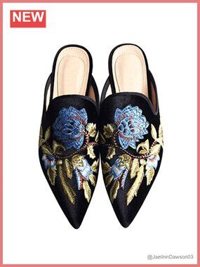 Women's Velvet Embroidered Mule Slippers Flats Pointed Toe Slip On Casual Shoes